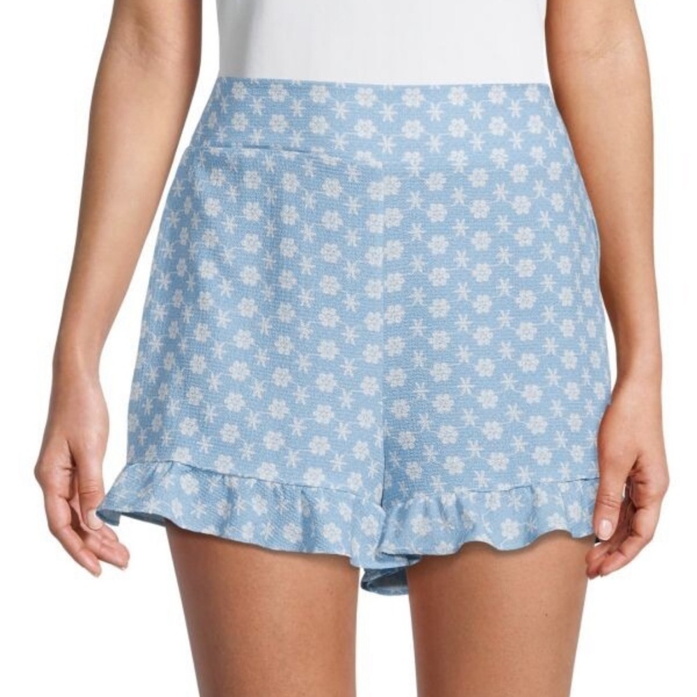BCBGeneration Blue Floral Ruffle Hem High Waist Shorts Large